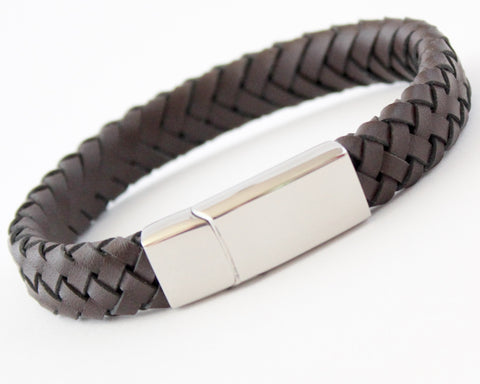MONZA Brown Leather & Stainless Steel Mens Personalised Bracelet Engraved