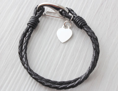 Ladies Black Leather Sterling Silver Heart Bracelet Engraved Free Personalised & Gift Boxed