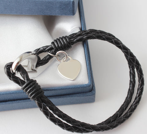 Ladies Black Leather Sterling Silver Heart Bracelet Engraved Free Personalised & Gift Boxed